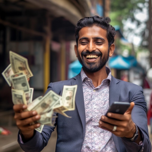 a man holding money and a phone in his hand