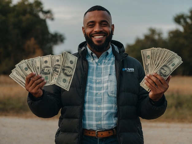 man holding money and smiling