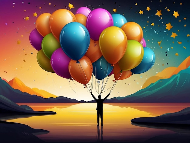 Man holding multicolor balloons on beautiful lake view background