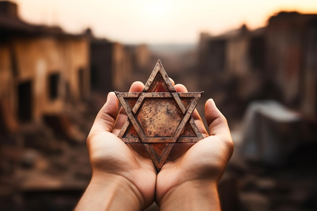 Photo a man holding an old and rusty star of david in their hands on ruins background