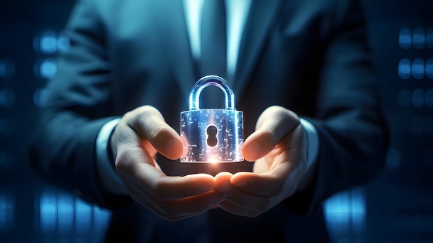 A man holding a padlock with the word security on it