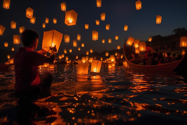 A man holding a paper lantern floating in the water at night