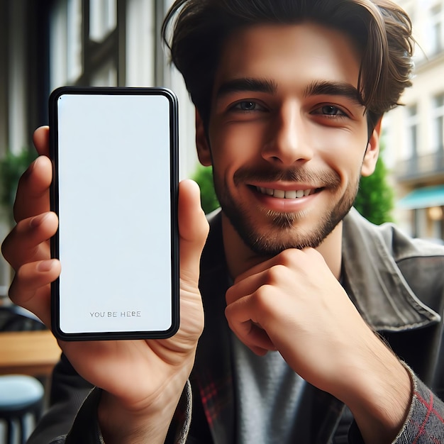 a man holding a phone that says the word the on it