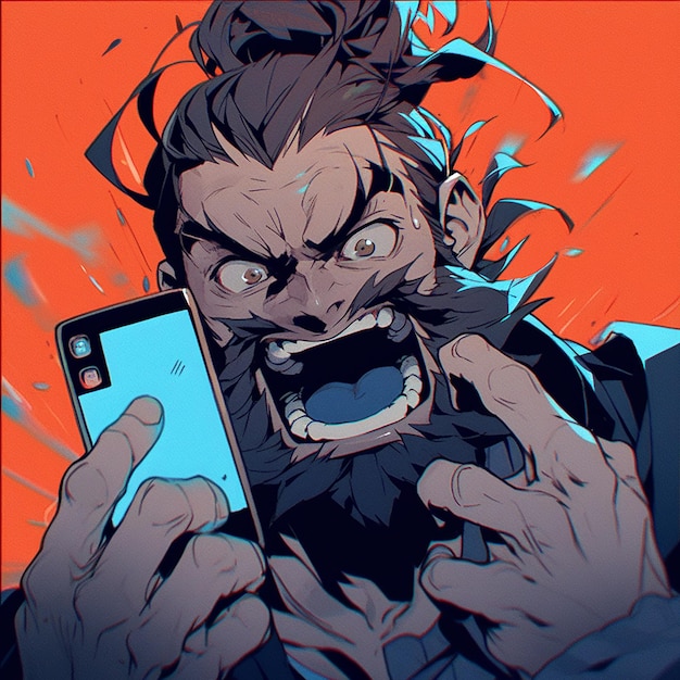 Мужчина держит телефон со словом самурай.