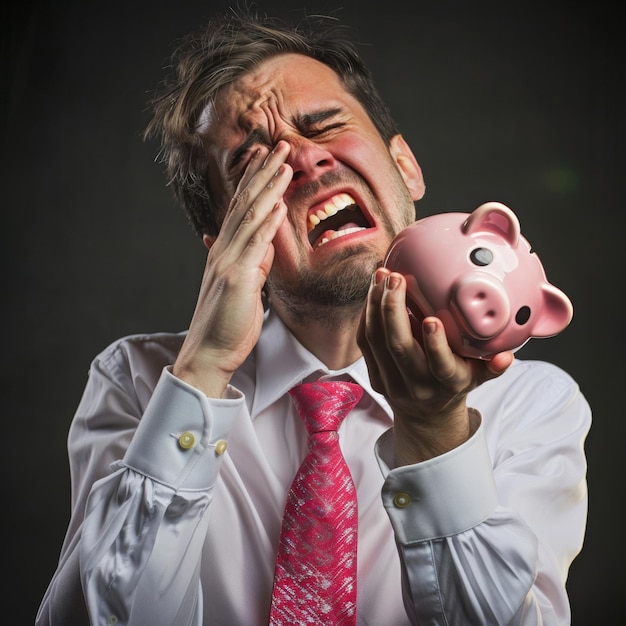 Photo man holding piggy bank in front of face