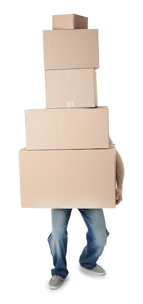 Man holding pile of carton boxes isolated on white background