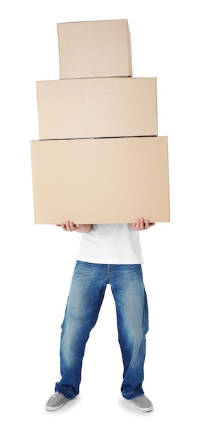 Man holding pile of carton boxes isolated on white background