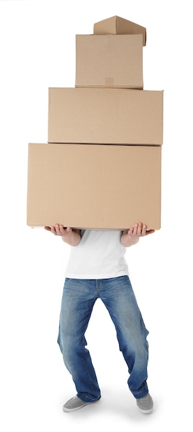 Man holding pile of carton boxes isolated on white background