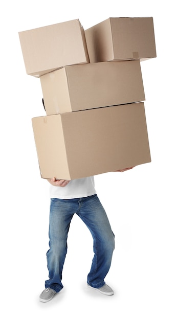 Man holding pile of carton boxes on white background