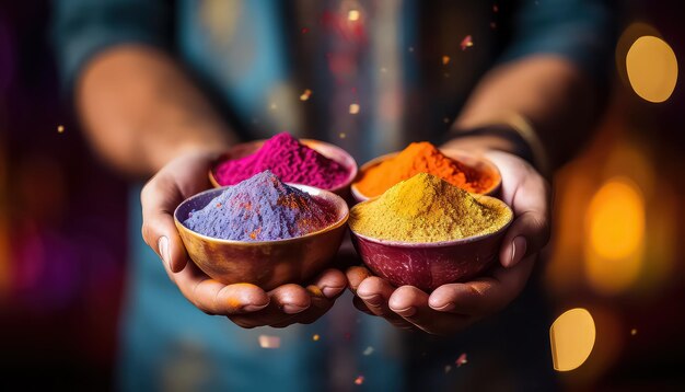 Man holding a pile of dust paints happy holi indian concept