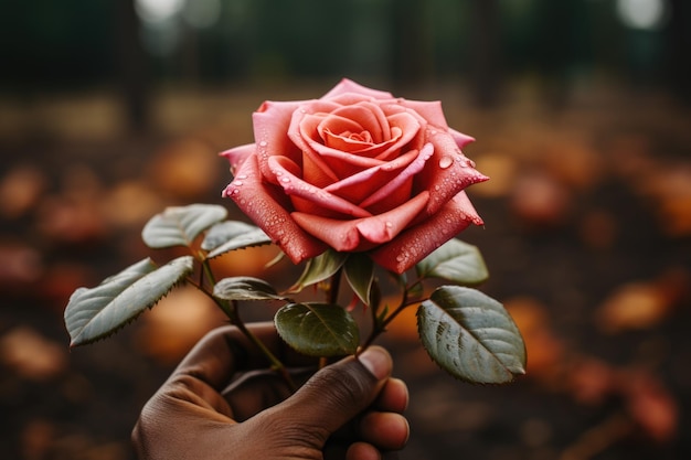 写真 ピンクのバラの花を掲げている男