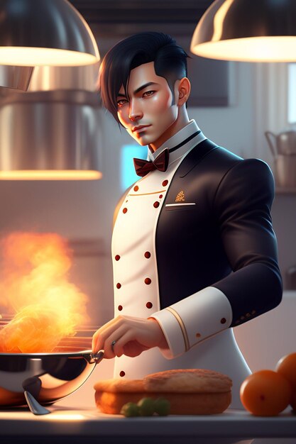 A man holding a pizza and chef's cooking food