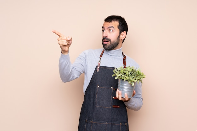 Man holding a plant over isolated background pointing away