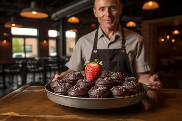 a man holding a plate of chocolate muffins with a strawberry on it.