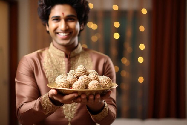 Photo a man holding a plate of cookies with a smile on his face