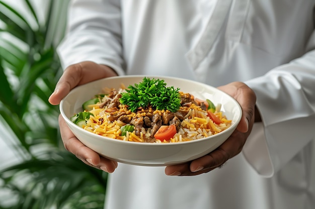 Man holding plate of delicious arab food