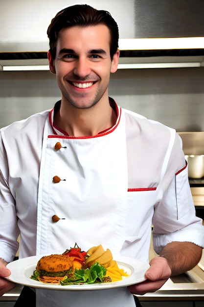 A man holding a plate of food in front of him