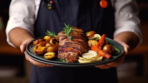 A man holding a plate of food with a steak and vegetables.