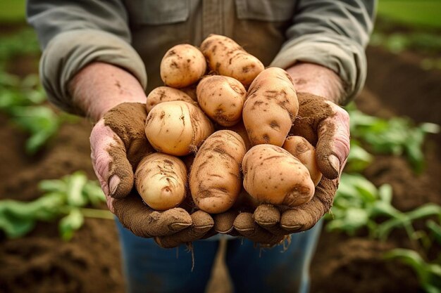 Photo a man holding potatoes that are grown in a field.