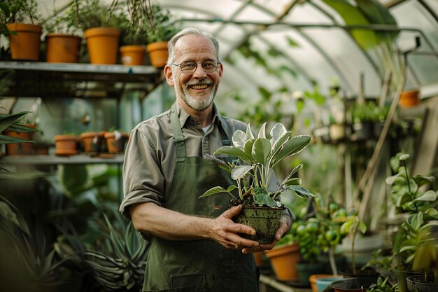 温室 で 鉢 の 植物 を 持っ て いる 人