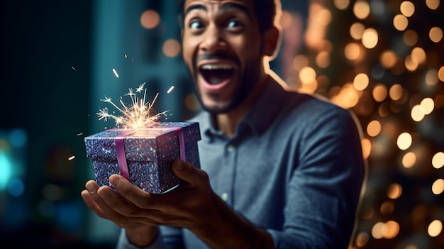 A man holding a present with sparklers on it