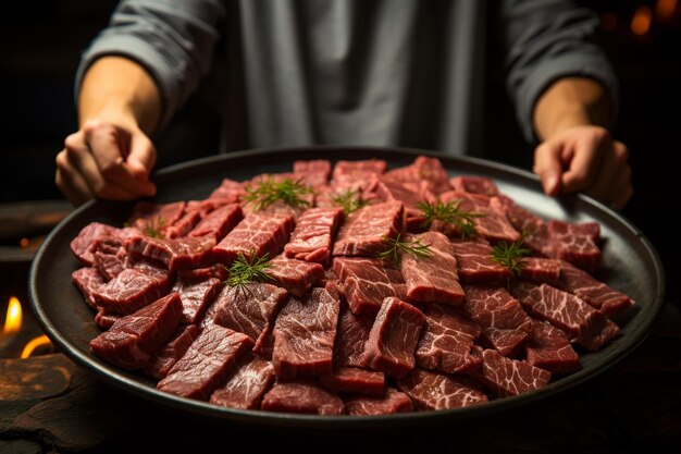 Man holding rare slice wagyu a beef into shabu hot pot shoyu soup base