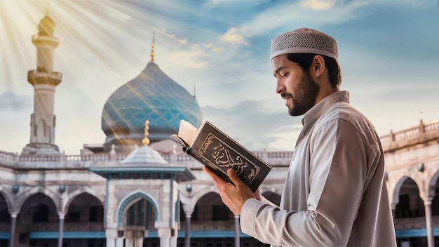 Man holding and reading quran islamic background