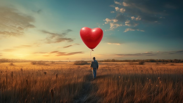 Man holding a red heart shaped balloon in a field