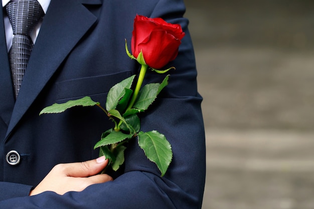 Man holding a red rose in hands