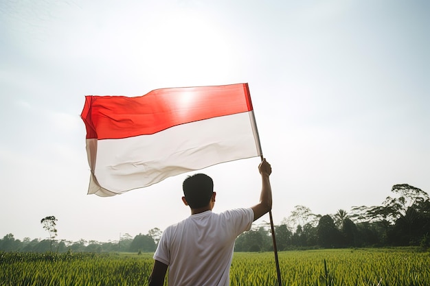 A man holding a red and white Indonesia flag on top of a lush green rice field