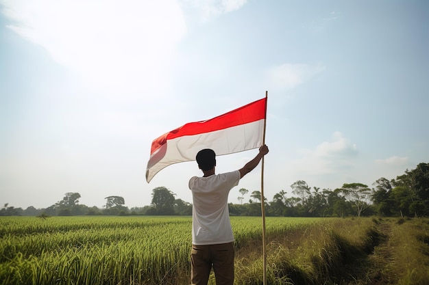 A man holding a red and white Indonesia flag on top of a lush green rice field