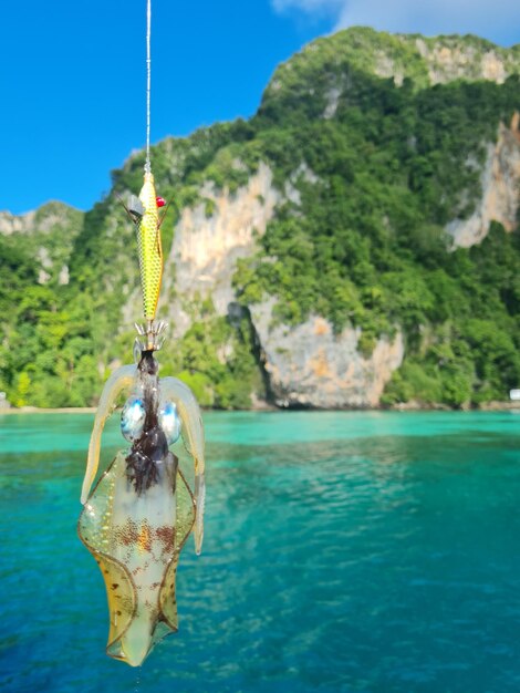 Man holding rope hanging on rock by sea against mountain