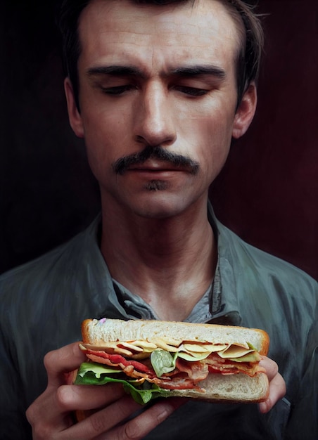 Мужчина держит бутерброд с мясом и сыром.