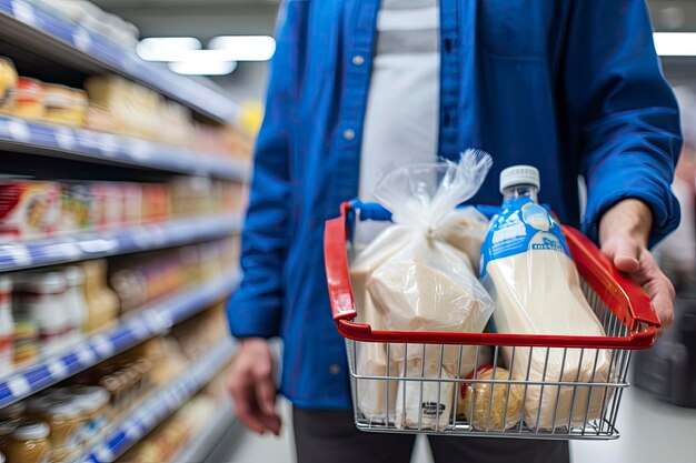 Мужчина держит корзину с хлебом и молочными продуктами в супермаркете