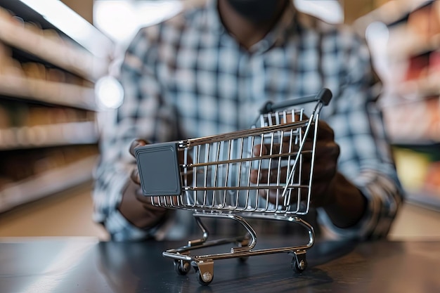 A man holding a shopping cart in a store