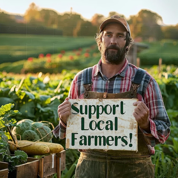 A man holding a sign that says support local farmers