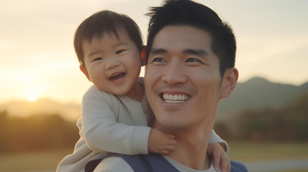 Photo a man holding a small child in his arms