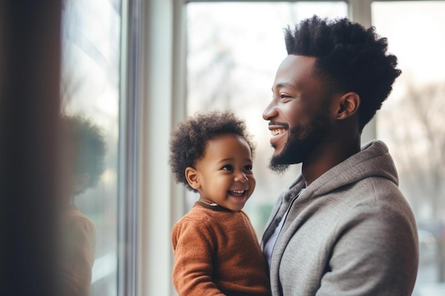 Photo a man holding a small child near a window