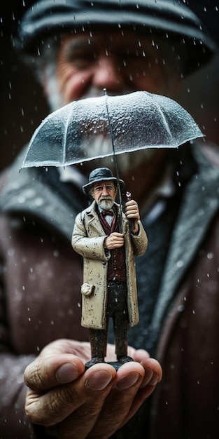 Man holding small figurine of with an umbrella generative ai