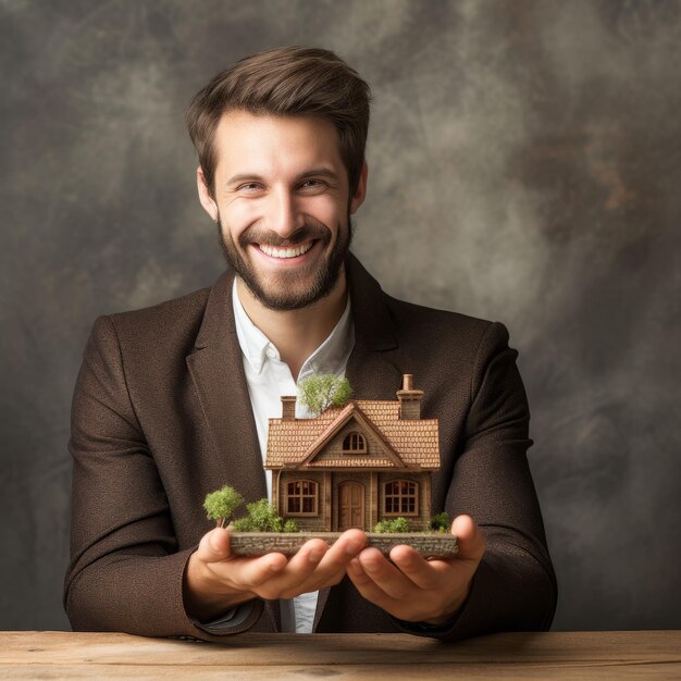 Photo man holding small house in hands