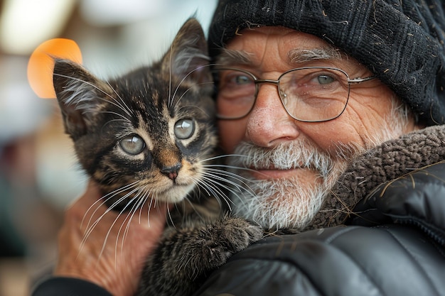 Photo man holding small kitten in hands