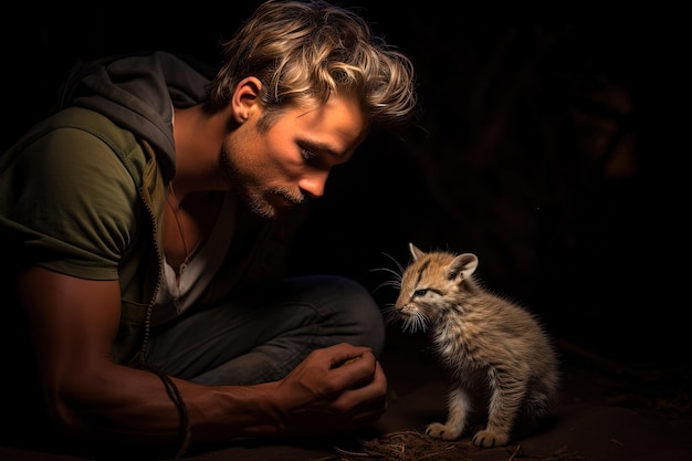 A man holding a small kitten in his hands