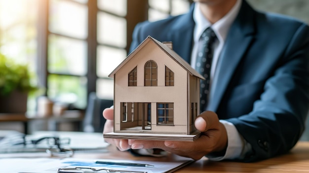 Photo man holding a small model of