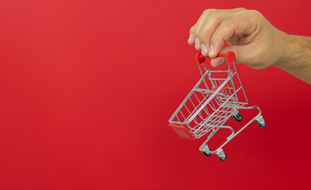 Man holding small shopping cart trolley on red. Online shopping and fast delivery concept