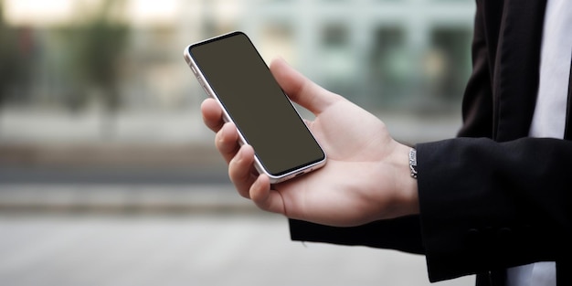 A man holding a smart phone with a blank screen.