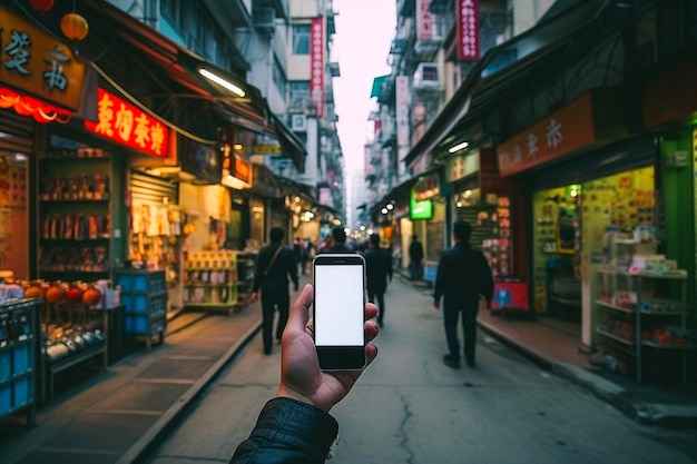 Man holding smartphone on asiatic street Generative AI