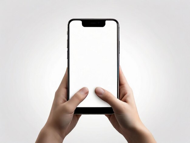 Man holding smartphone with blank screen on white background Mockup for design