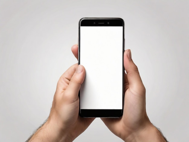 Man holding smartphone with blank screen on white background Mockup for design