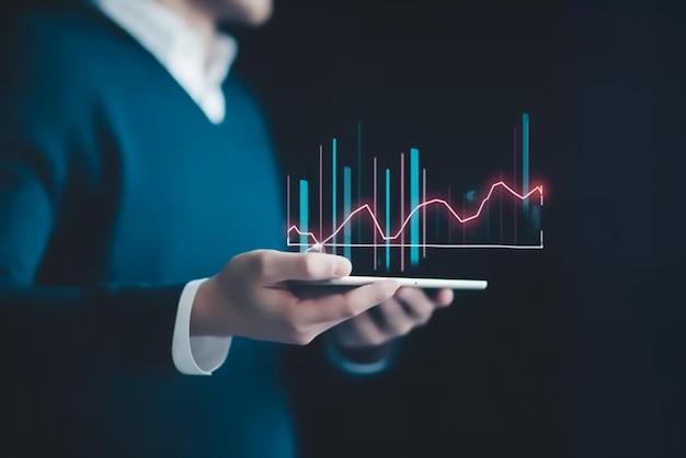 A man holding a smartphone with a graph showing a line graph.