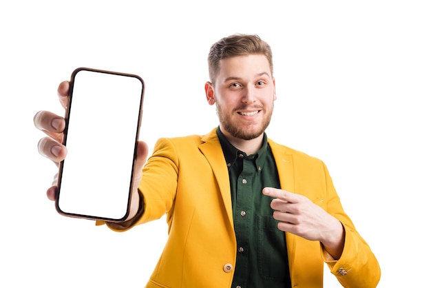 Photo man holding smartphone with white screen